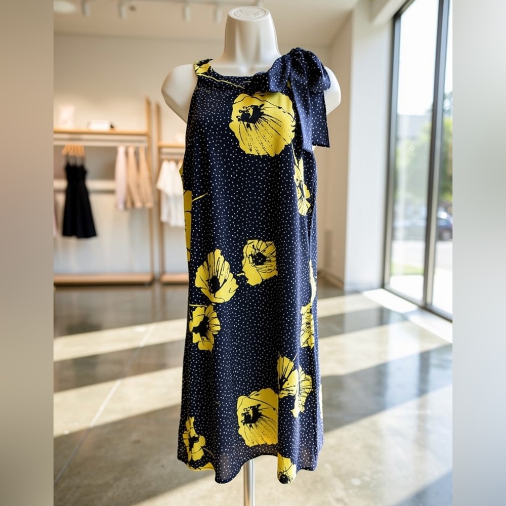 NWT Taylor Navy Polka Dot Floral Sleeveless Sheath Dress Bow Shoulder Women’s 6